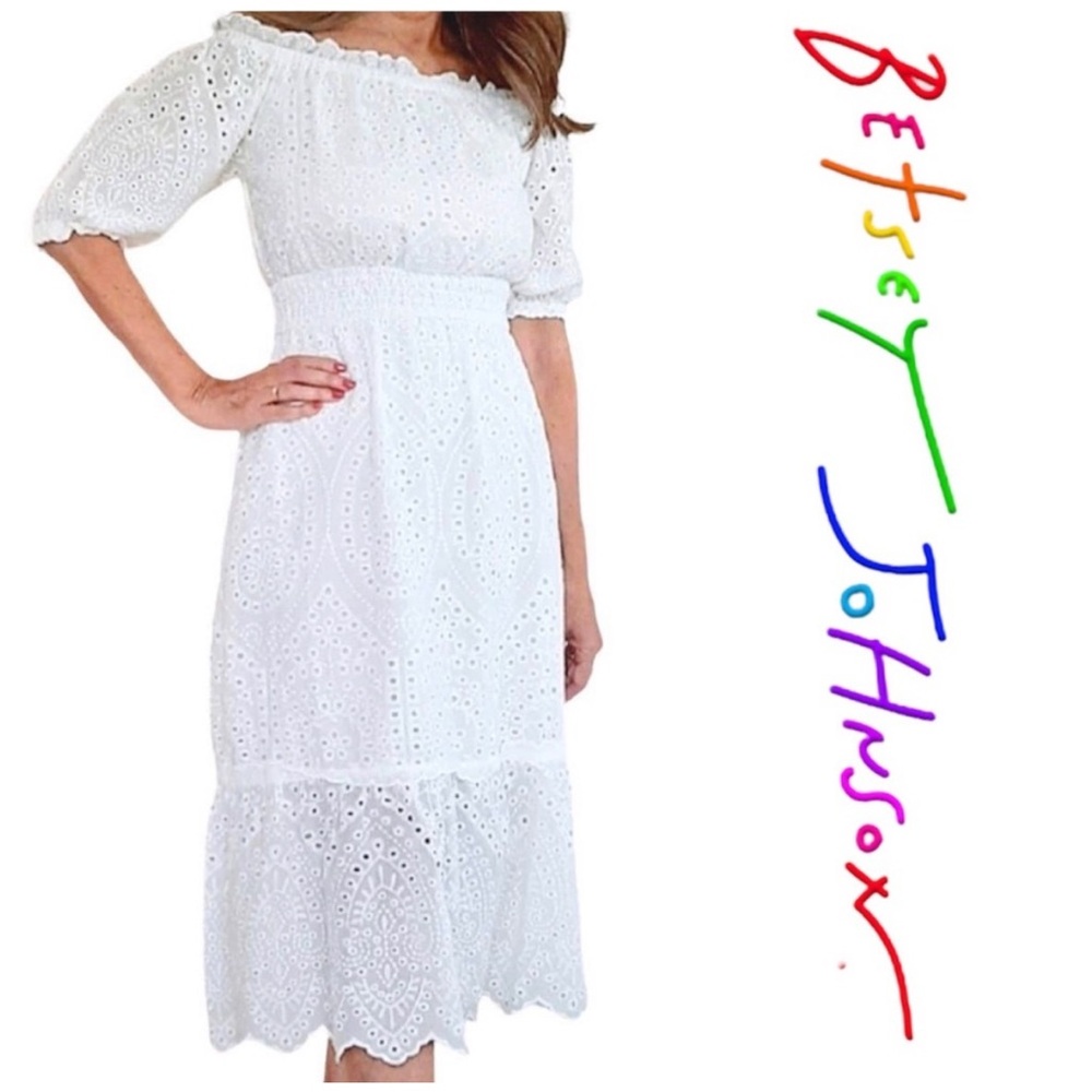 NWT BETSEY JOHNSON White Eyelet On/Off-the-Shoulder Cottagecore Midi Dress small